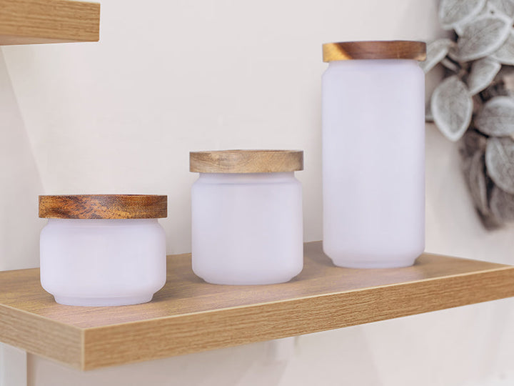 Pearl Coating™ Sublimation Glass Storage Jar with Acacia Wood Lid - Pack of 6 - Joto Imaging Supplies Canada